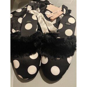 Victoria’s Secret Satin Faux Fur Trim Polka Dot Slippers‎ House Shoes M 6/7